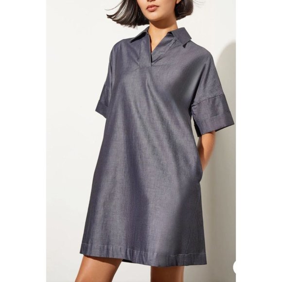 Ming Wang Side Pocket A Line Chambray Shirt Dress XL Dark Denim $195 Washable - Picture 6 of 16